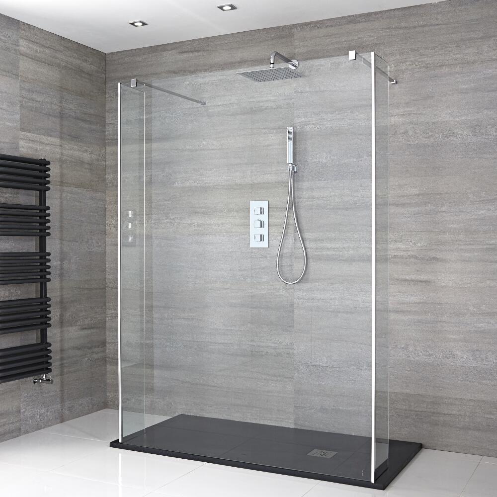 Paroi de Douche 140cm - 2 Retours 25cm - Bras Stabilisateurs & Receveur Anthracite 140 x 80cm Portland