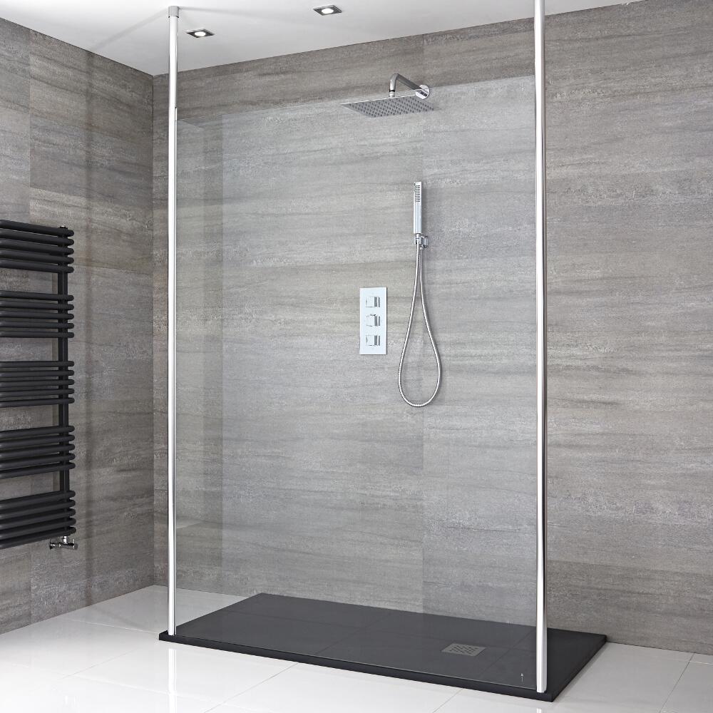 Paroi de Douche 120cm à Bras Stabilisateurs Verticaux & Receveur Anthracite 120 x 90cm Sera