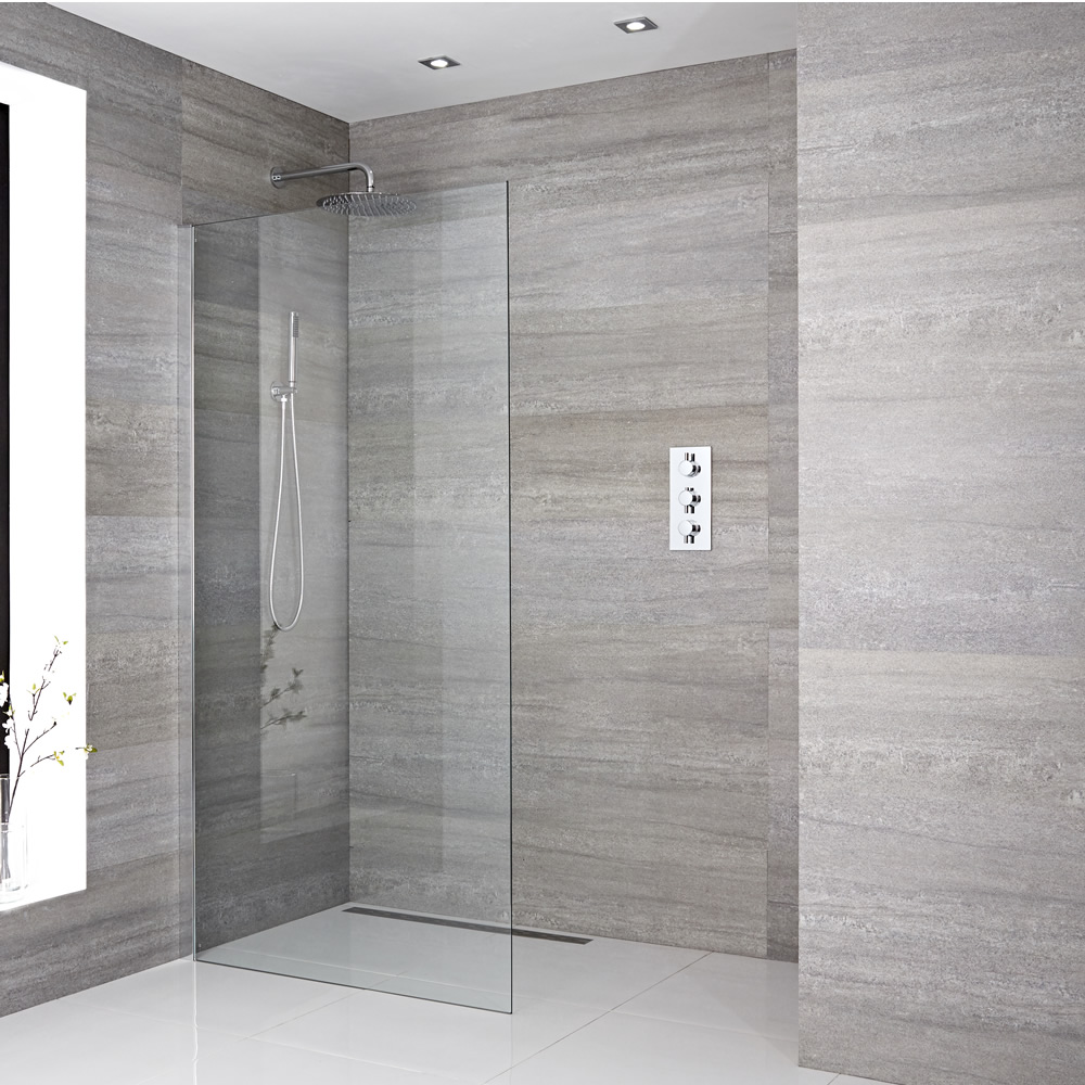 Paroi de douche 120x195cm avec bras stabilisateur recoupable & Choix de Caniveau de Douche Sera