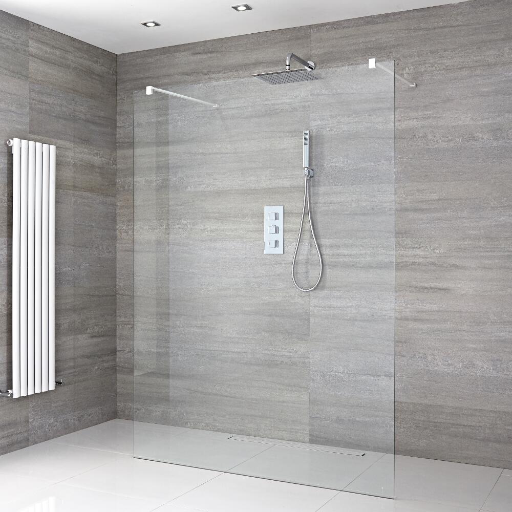 Paroi de Douche 120cm avec 2 Bras Stabilisateurs Noirs & Choix de Caniveau de Douche Nox