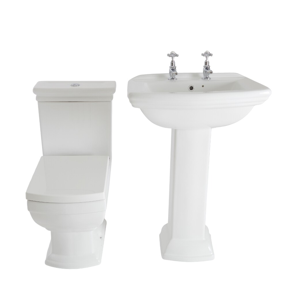 Lavabo sur colonne 2 Trous 60,5 x 47 x 88cm & Pack WC Rétro