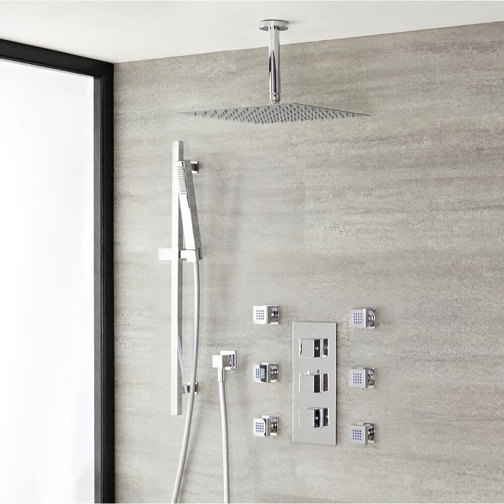 Kit Douche Thermostatique encastrable Pommeau plafond 40cm - Douchette sur rampe & Buses - Cubique
