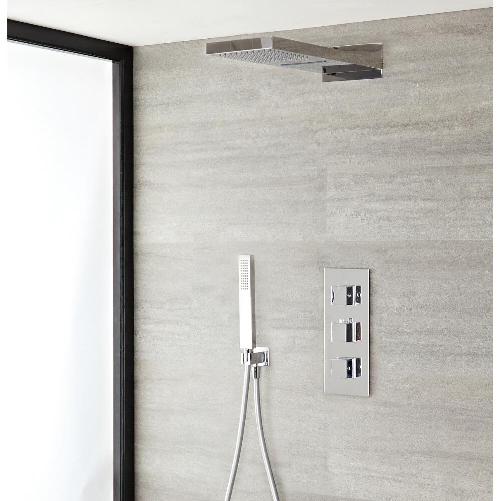Kit de Douche Thermostatique Encastrable - Pommeau Pluie et Cascade & Douchette