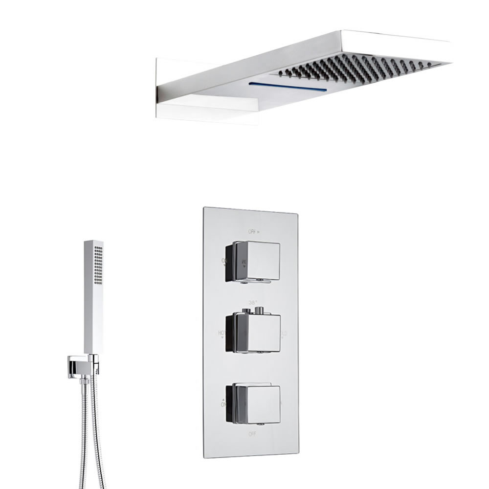 Kit de Douche Thermostatique Encastrable - Pommeau Pluie et Cascade & Douchette