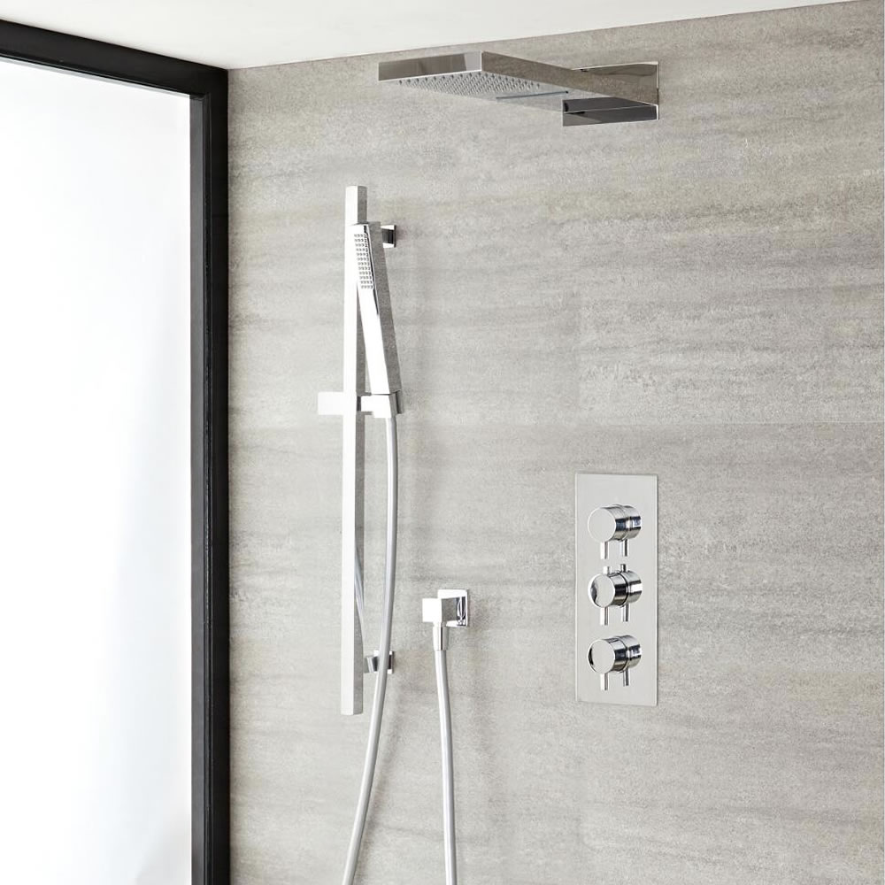 Kit Douche Thermostatique encastrable - Pommeau pluie & cascade - Douchette sur rampe