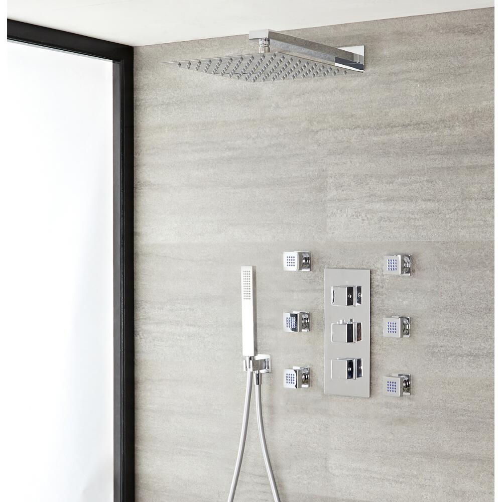 Kit Douche Thermostatique encastrable 3 fonctions Cubique - Pomme murale 30cm - 6 Buses & Douchette sur clip