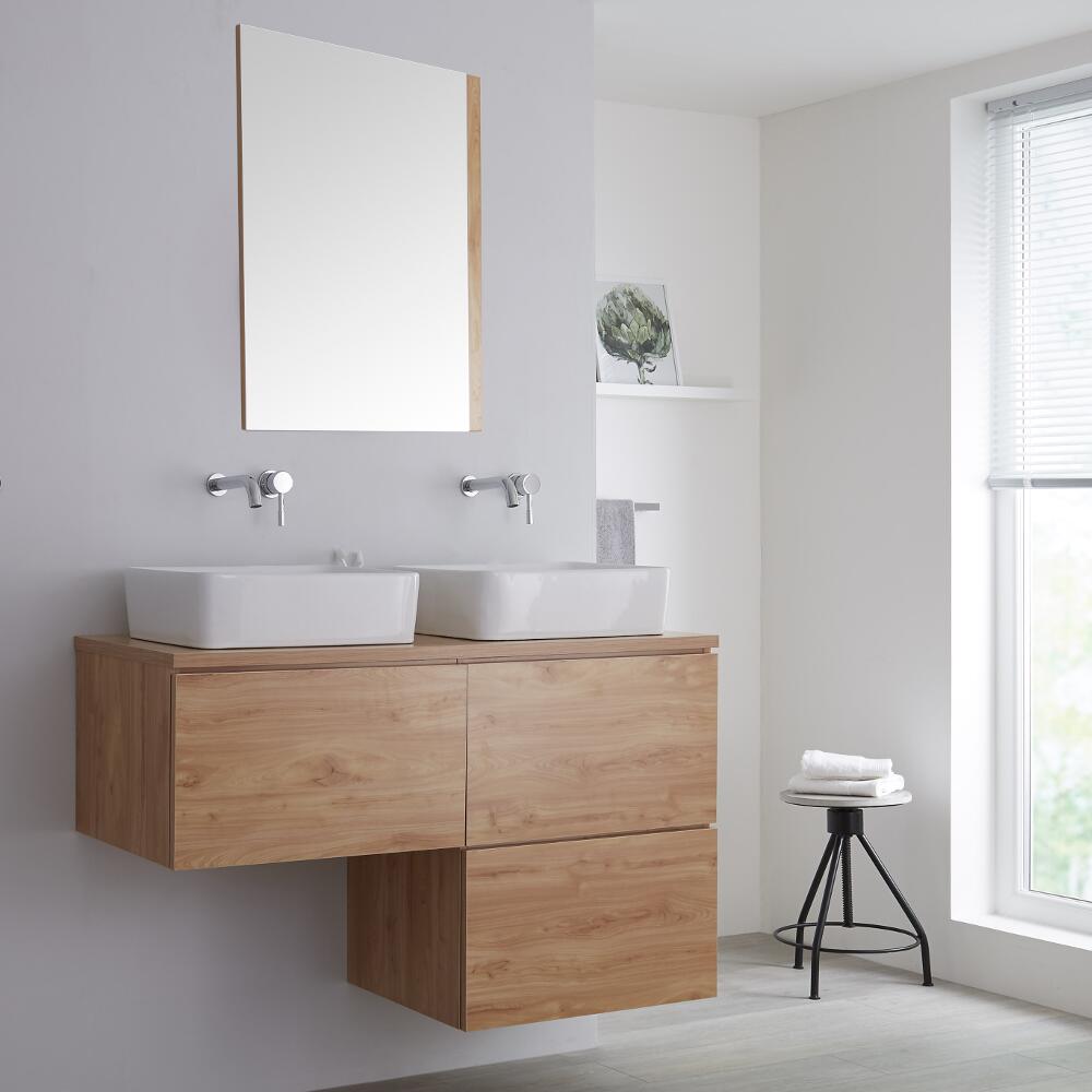 Meuble double vasque à poser - Blanc & chêne doré Newington - 120cm