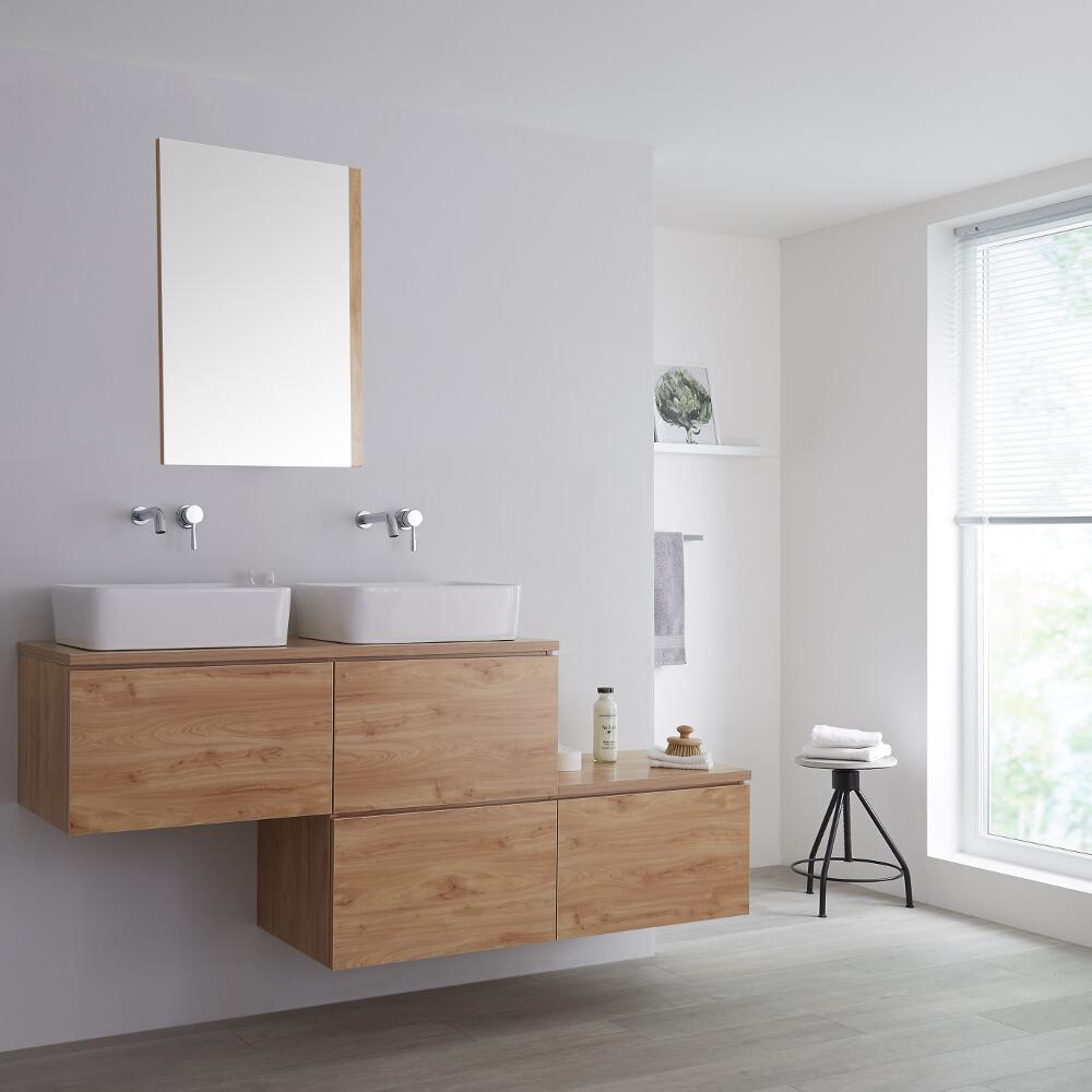Meuble double vasque à poser chêne doré Newington - 4 tiroirs - 180cm