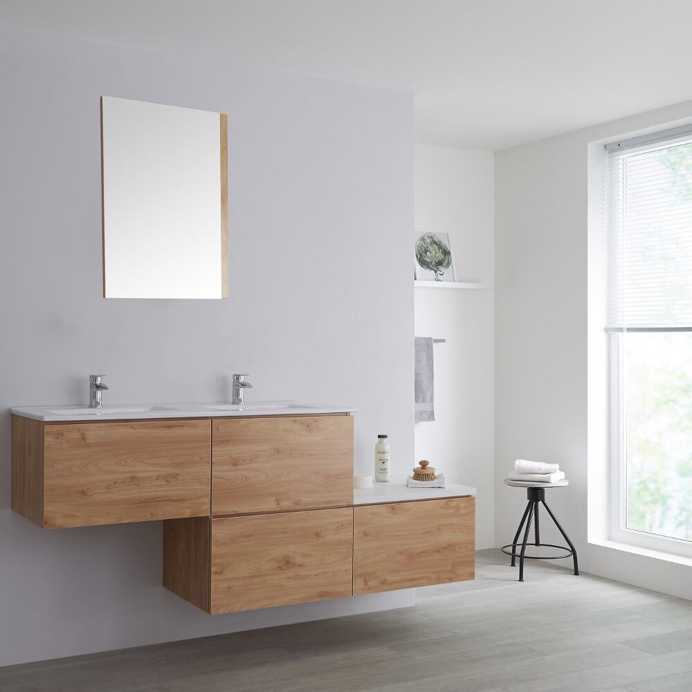 Meuble double vasque salle de bain chêne & blanc - Design Newington 4 tiroirs - 180cm
