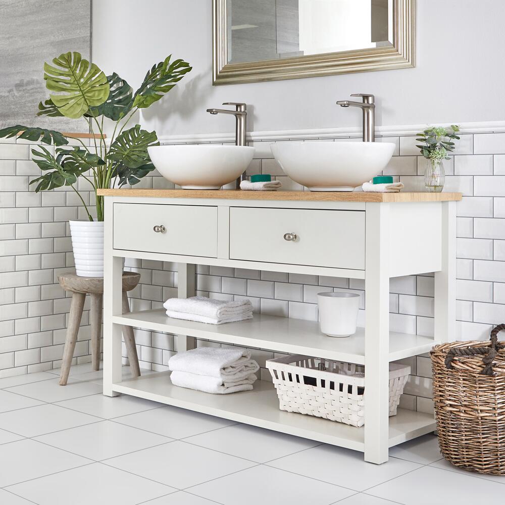 Meuble sous lavabo avec double vasques rondes – 124 cm – Blanc crème - Stratford