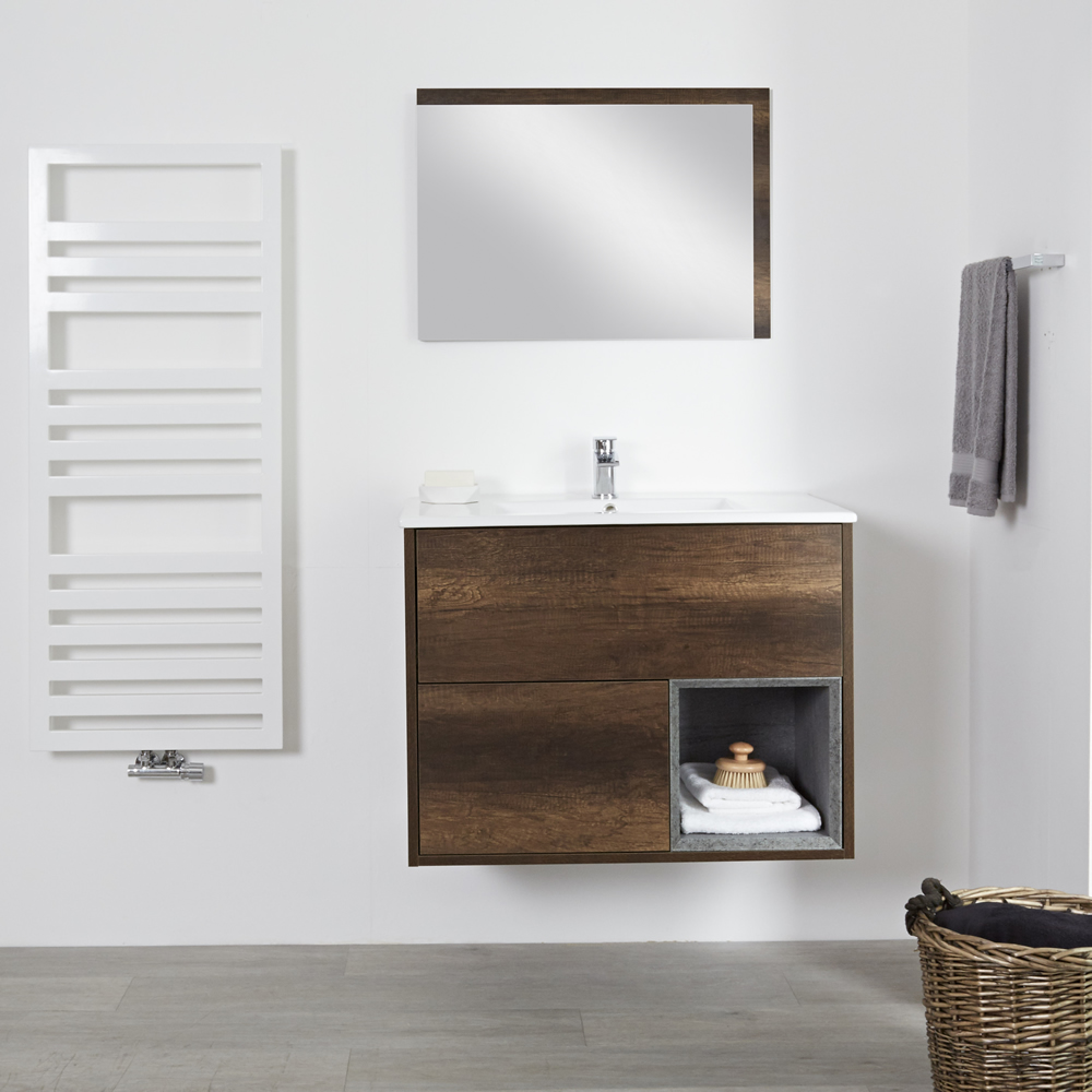 Meuble salle de bain chêne foncé avec vasque encastrée - 46,5 x 81cm