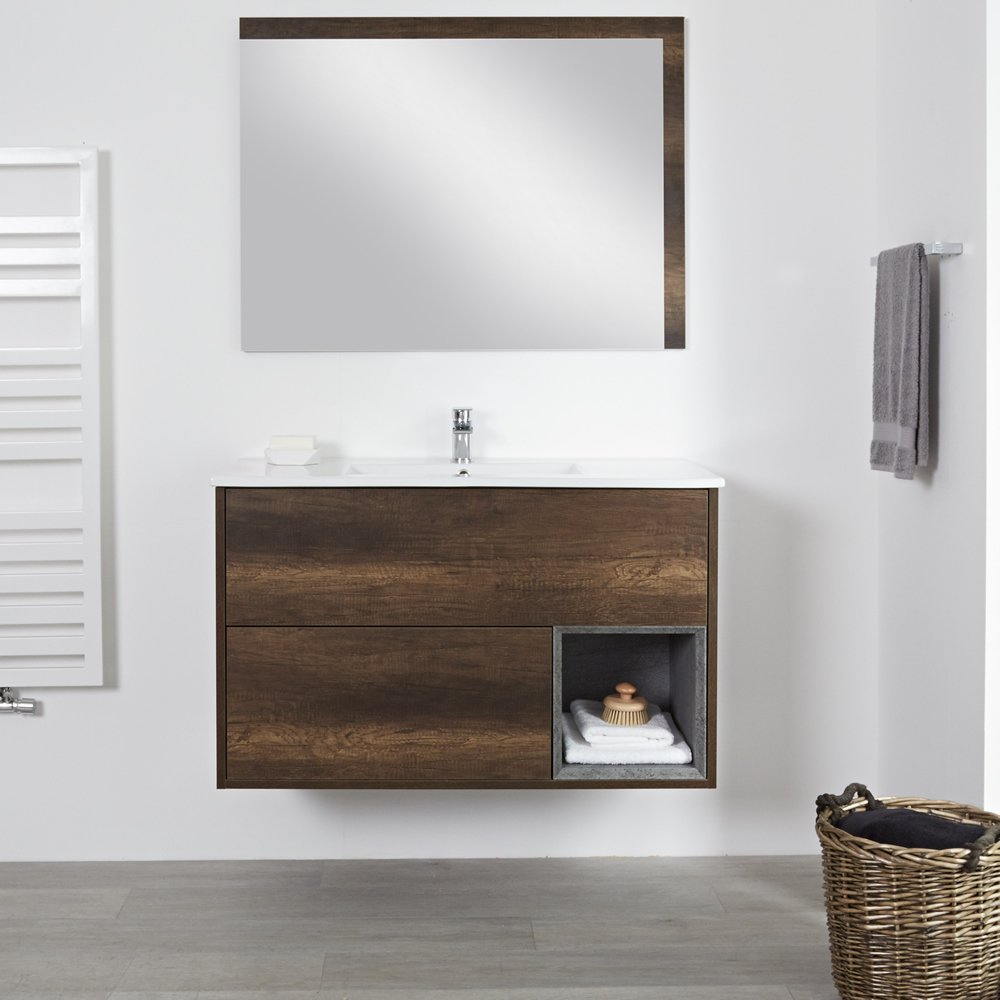 Meuble salle de bain chêne foncé avec vasque encastrée - 46,5 x 101cm