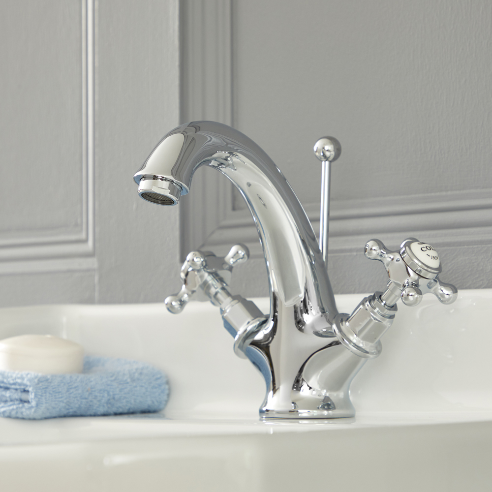 Mitigeur Rétro à Poignées en Croisillons pour Lavabo Monotrou – Chromé et Blanc - Elizabeth