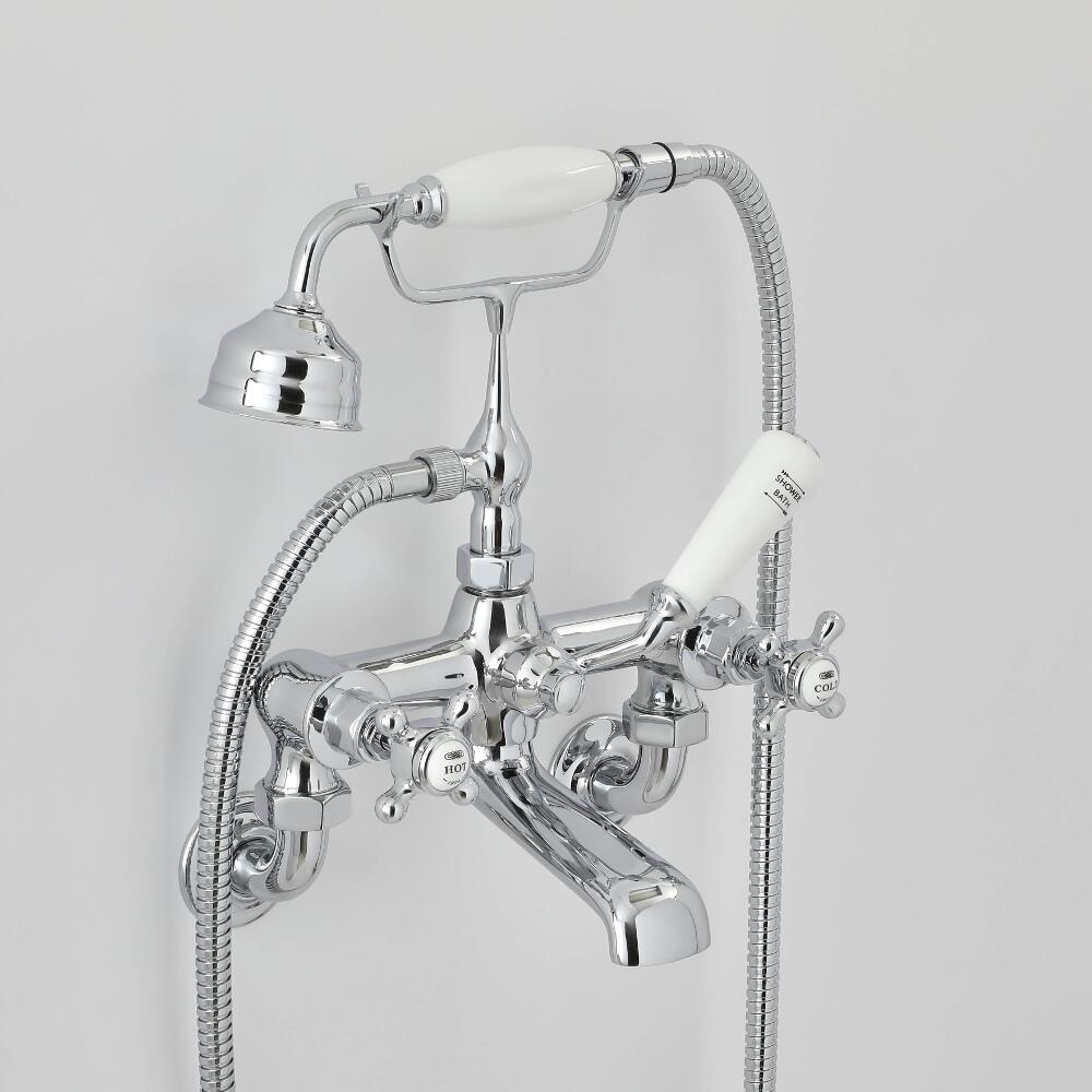 Mélangeur bain douche mural rétro – Commandes croisillons – Chromé et blanc - Elizabeth