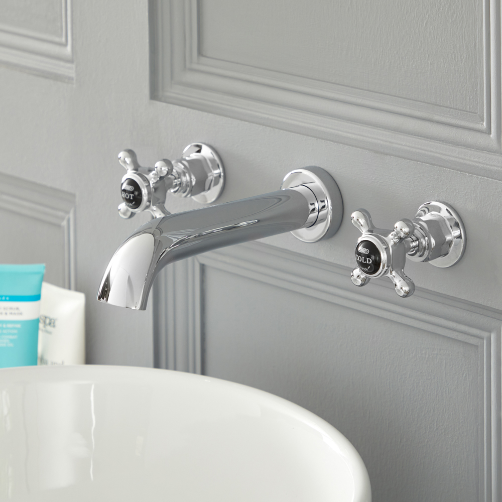 Mélangeur lavabo mural rétro à 3 trous – Commandes croisillons – Chromé et noir - Elizabeth