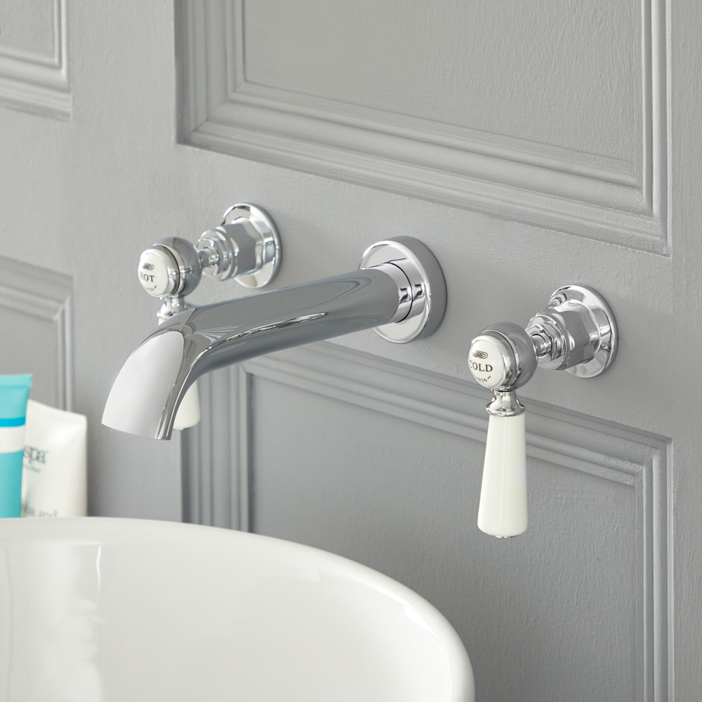 Mélangeur lavabo mural rétro à 3 trous – Commandes leviers – Chromé et blanc - Elizabeth