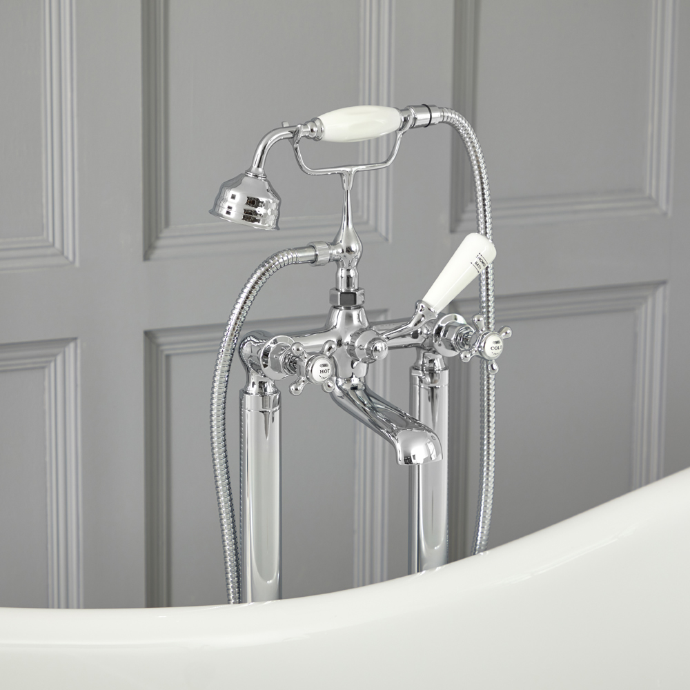 Mitigeur bain douche baignoire îlot rétro – Commandes croisillons – Chromé et blanc - Elizabeth