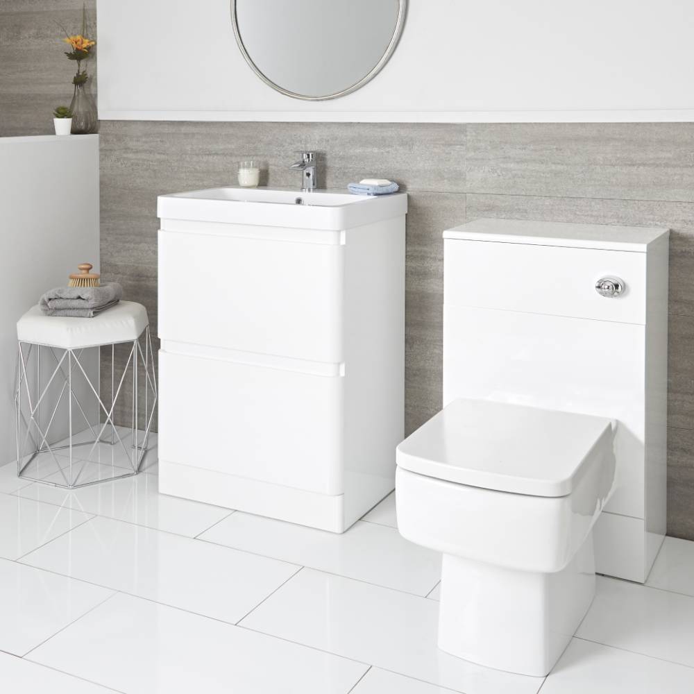Meuble sous lavabo 60 cm et meuble WC avec WC à poser – Blanc - Daxon