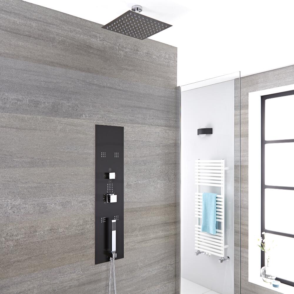 Colonne de Douche Thermostatique Encastrable 90x22cm - Pommeau plafond carré 20cm - Douchette & Buses hydromassantes - Gamme Llis