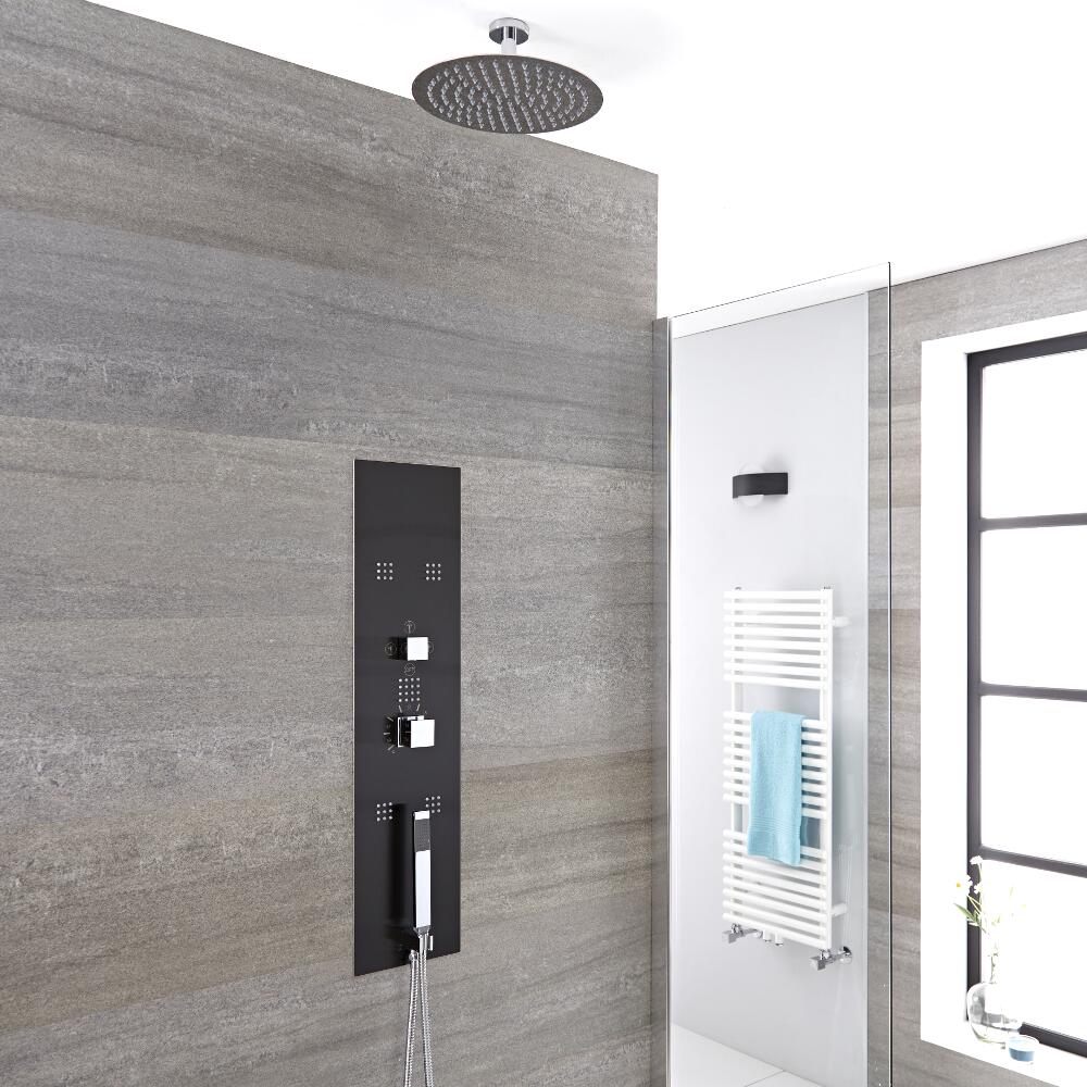 Douche Thermostatique Encastrable Pommeau Plafond 30cm sur bras 5cm - Douchette & 5 Buses Hydromassantes - Gamme Llis