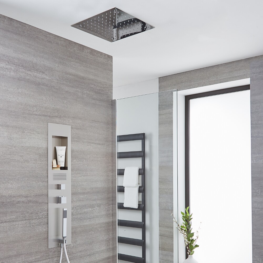 Colonne de Douche Encastrée Métal Brossé Pommeau de Douche Plafonnier Encastré Carré 40cm