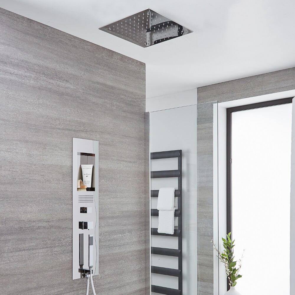Colonne de Douche Encastrée Chromée avec Pommeau de Douche Plafonnier Carré 40cm