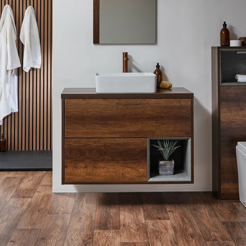 Meuble de salle de bains 80 cm 2 Tiroirs Chêne Naturel + Vasque