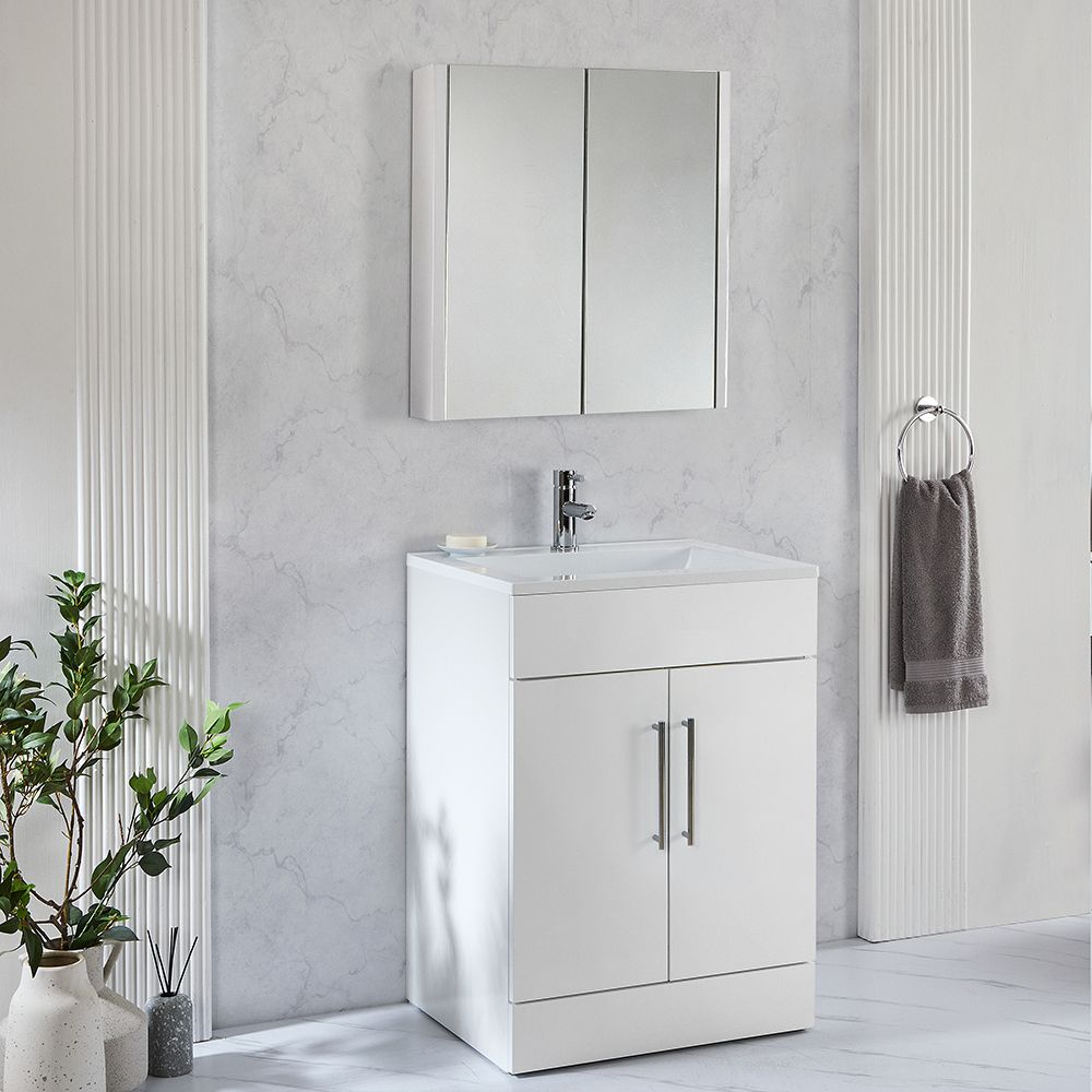 Armoire De Toilette Avec Miroir Et LED - Blanc Craie, 70x16x65.6 Cm - 6 étagères Verre Réglables