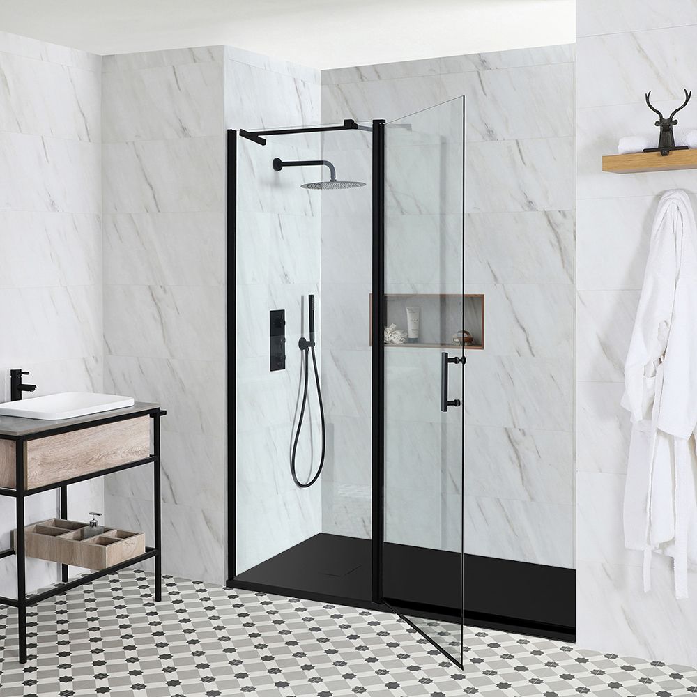 Porte de douche pivotante noire - Receveur de douche texturé