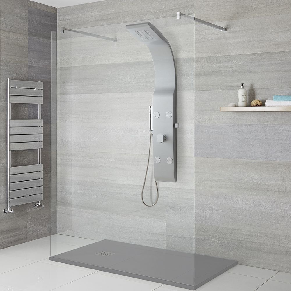 Colonne de douche moderne avec pommeau, douchette et jets – Argent mat –  Alston