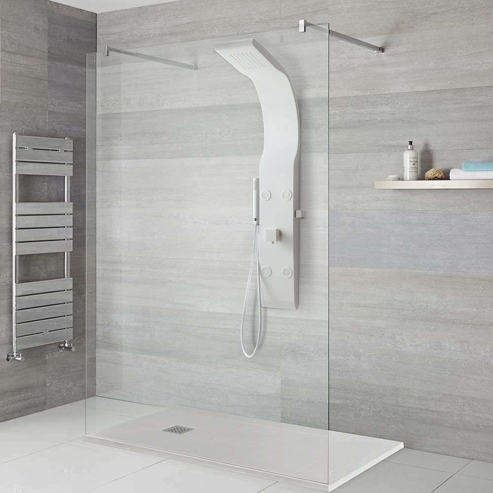 Colonne de douche moderne avec pommeau, douchette et jets – Blanc – Alston