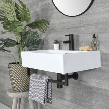 Lavabo suspendu avec barre porte serviettes – Blanc - Rectangulaire - Choix de tailles et de finitions du porte serviettes - Sandford