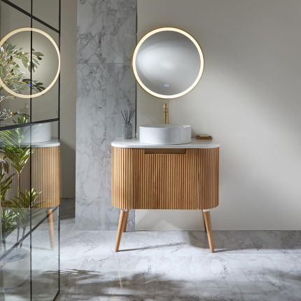 Meuble de salle de bain incurvé et cannelé – Chêne – Choix de tailles et de vasques – Chalton
