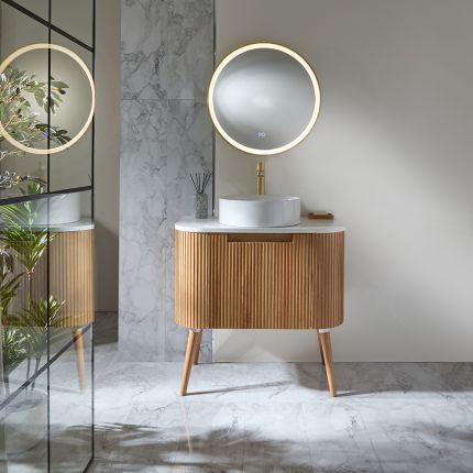 Meuble de salle de bain incurvé et cannelé – Chêne – Choix de tailles et de vasques – Chalton