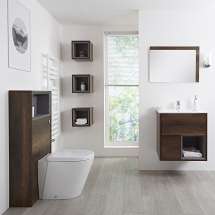 Meuble Lavabo 46.5x81cm - Niche 30cm - Miroir & Pack WC - Hoxton Chêne Foncé