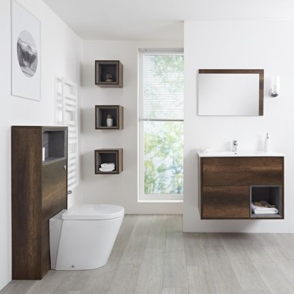 Meuble Lavabo 46.5x81cm - Niche 30cm - Miroir & Pack WC - Hoxton Chêne Foncé