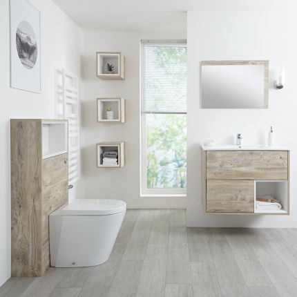 Ensemble de meuble – Meuble vasque suspendu simple 80 cm et meuble WC avec cuvette à poser – Chêne clair – Choix de LED – Hoxton