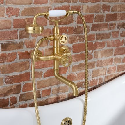 Mitigeur bain douche mural – Design industriel (Steampunk) – Or satiné – Zandra