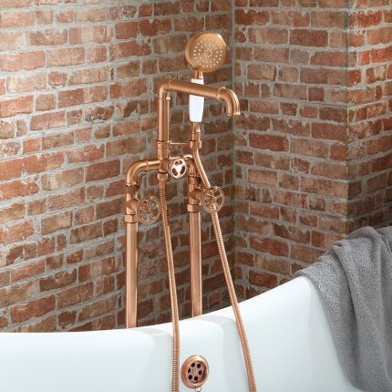 Mitigeur bain douche îlot – Design industriel (Steampunk) – Avec douchette – Cuivre satiné – Zandra