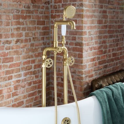 Mitigeur bain douche îlot – Design industriel (Steampunk) – Avec douchette – Or satiné – Zandra