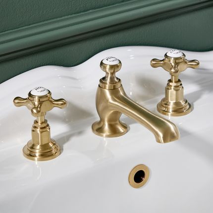 Hudson Reed Elizabeth - Mélangeur lavabo rétro - 3 trous - Commandes croisillon - Or satiné