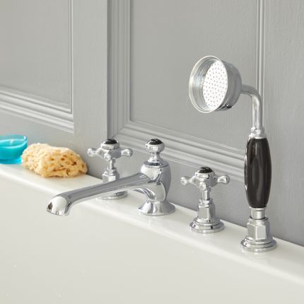 Mélangeur bain douche à 4 trous – Commandes en croisillon – Chromé et noir – Elizabeth