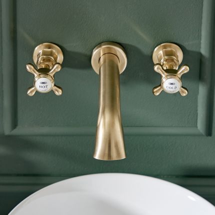 Hudson Reed Elizabeth - Mélangeur lavabo mural rétro - 3 trous - Commande en croisillon - Or satiné