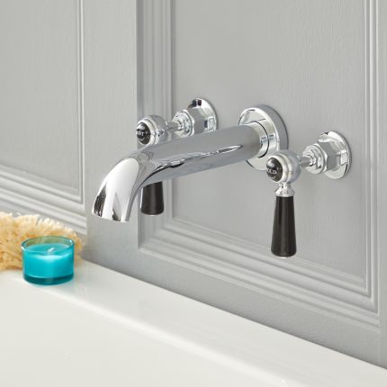 Robinet baignoire mural rétro à 3 trous – Commandes leviers - Chromé et noir – Elizabeth