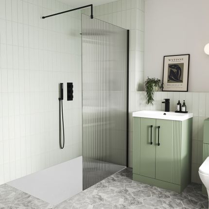 Douche à l’italienne en verre cannelé – Avec receveur – Noir – Choix de tailles et paroi de retour en option