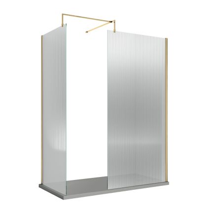 Douche italienne d’angle en verre cannelé – Laiton brossé – Avec receveur à effet texturé – Choix de tailles et paroi de retour en option