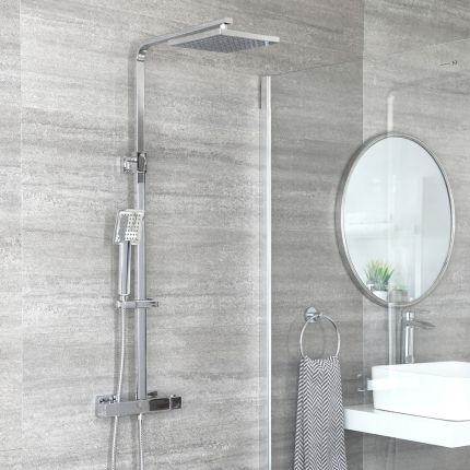 Colonne de douche thermostatique avec mitigeur barre carré, douchette et pommeau de douche – Chromé - Kubix
