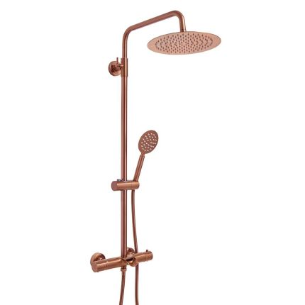 Colonne de douche thermostatique moderne – Avec pommeau rond et douchette – Cuivre satiné – Alara