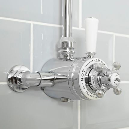 Hudson Reed Elizabeth - Mitigeur de douche thermostatique exposé à double commandes - Chromé et blanc