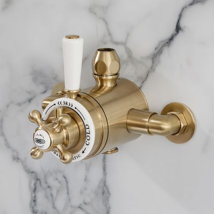 Mitigeur de douche thermostatique exposé à double commandes – Or satiné – Elizabeth